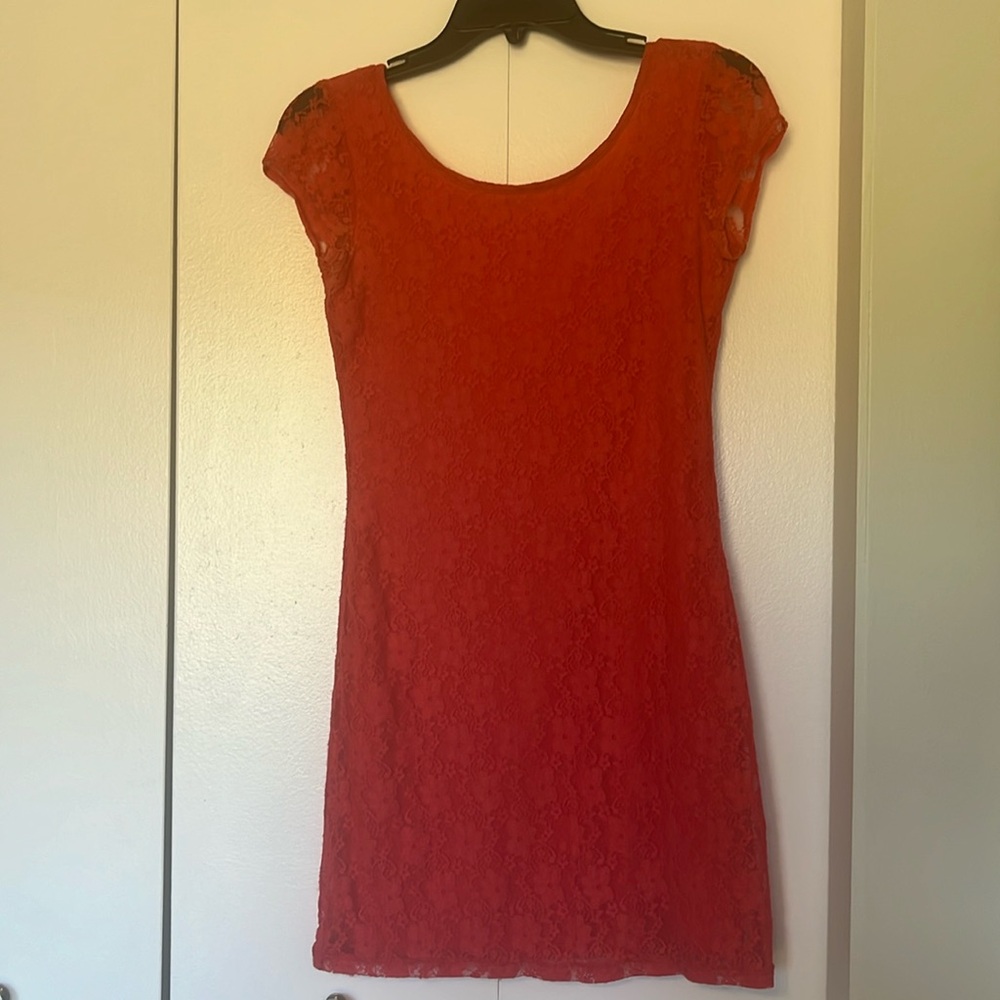 Velvet torch, coral mini dress, size small